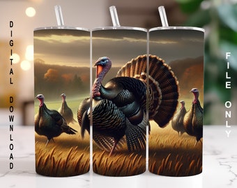 Wild Truthähne in einem Feld Wrap, Naturszene Sublimation PNG digitaler Download, 20 Unzen Skinny Straight Tumbler Wrap JPG Wildlife Cup