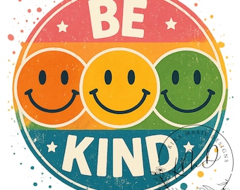 Be Kind PNG、昇華デザイン、スマイリーPNG、スマイリーフェイスPNG、レトロPNG、Tシャツデザイン、デジタルダウンロード、カラフルPNG、Dtf、Pod、Dtg