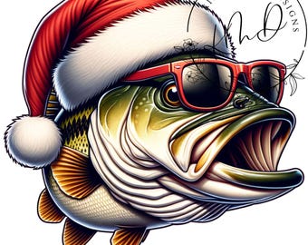 Christmas Bass Fishing PNG, Funny Santa Hat Fish Design, Holiday Fisherman Sublimation, Digital Download, Commercial Use JPG