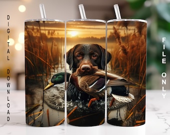 Chocolate Lab Duck Hunting Wrap , Hunting Scene Sublimation PNG Digital Download, 20oz Skinny Straight Tumbler Wrap JPG Mallard Cup