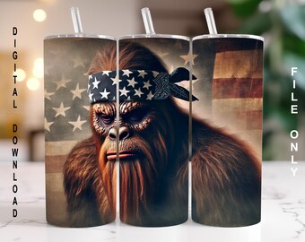 Bigfoot with Rustic American Flag theme, 20 Oz Skinny Straight Sublimation Tumbler Wrap Digital Design, PNG File Download