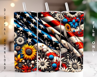 Floral American Flag Patriotic Tumbler Wrap Independance Day 20 oz Skinny Tumbler Sublimation Design Digital Download ONLY PNG Instant