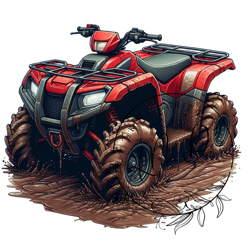 May include: A red ATV, or all-terrain vehicle, is shown in a muddy environment. The ATV has large, knobby tires and is covered in mud. The vehicle has a black seat and handlebars. The image is a digital illustration.