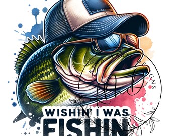 Bass Wishin I Was Fishin PNG Pesca de peces de colores Divertido sarcástico Verano Sublimación Descargable DIGITAL Descarga inmediata Archivo POD Camiseta
