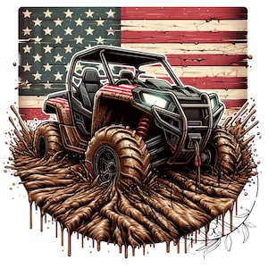 May include: A red, white, and blue American flag is behind a black and red off-road vehicle with large tires. The vehicle is driving through mud, with brown mud splattered on the tires and the vehicle.