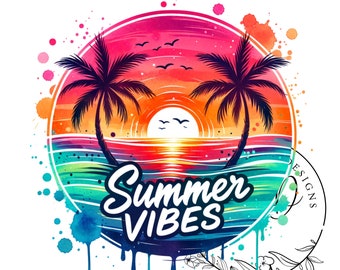 Summer Vibes PNG: Colorful Beach Palm Trees Sunset, Summer Sublimation, Instant Downloadable Digital Download, POD File for T-Shirts