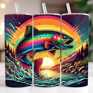 Trout Fishing Tumbler Wrap, Rainbow Trout Sublimation PNG Digital Download, 20oz Skinny Straight Tumbler Wrap JPG Fishing Cup Trout Fishing