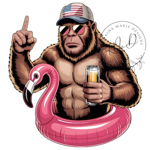 Può includere: Illustrazione di una creatura simile a Bigfoot con occhiali da sole e un cappello con un disegno della bandiera americana, che tiene in mano una lattina di birra e un galleggiante a forma di fenicottero rosa. La creatura punta verso l'alto con un dito.