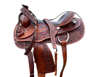Argentinian Leather Western Saddle: Floral Tooled Pleasure & Trail with Silver Conchos