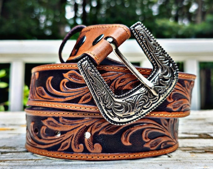 Tooled Leather Western Belt: Full Grain Embossed Unisex Strap (1.5" Wide)