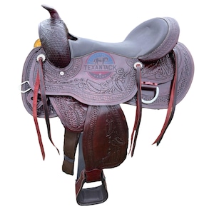 Premium Leather Western Endurance Saddle - Western Pleasure Trail Horse Saddle with Floral Tooling & Padded Seat in  15”, 16”, 17” Size