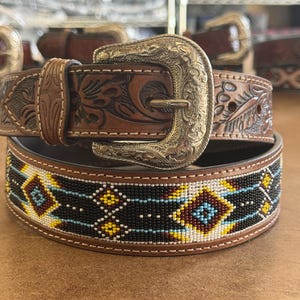 Beaded Leather Belt with Brown & Blue Beadwork and Gold Western Buckle Beaded Leather Belt for Women, Man Bead Belt, Removable  main image 4