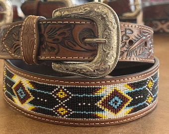 Western Beaded Full Grain Leather Cowboy Cowgirl Tooled Belt  display picture 3