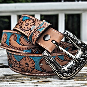 Hand Tooled Leather Western Belt: Embossed Full Grain, 1.5&quot; Wide