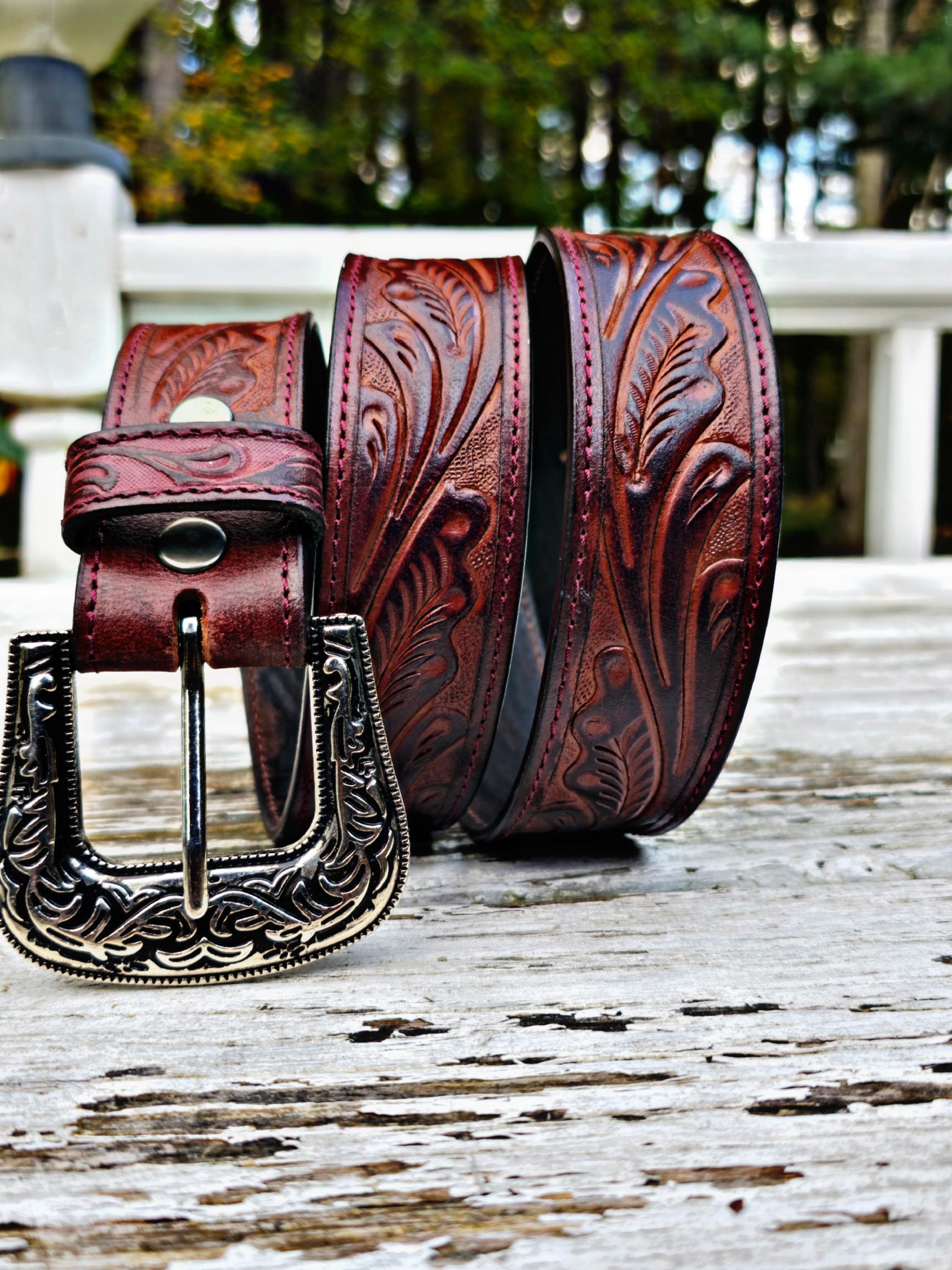 7696 Western Tooled Hand Finished Leather Belt For Men And Women Hand-Tooled Leather Belt – Custom Cowboy Shop main image 2