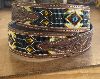 Western Beaded Full Grain Leather Cowboy Cowgirl Tooled Belt  display picture 3
