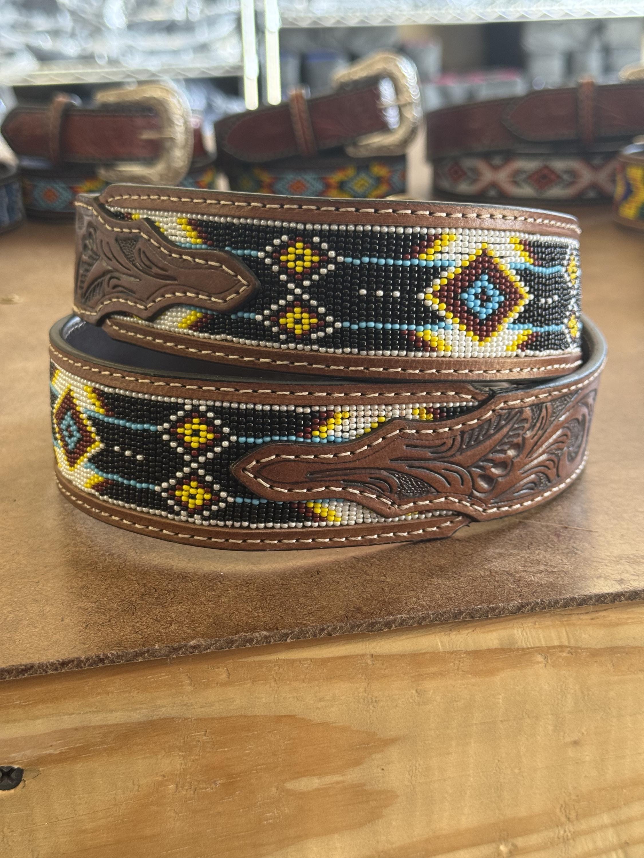 Western Beaded Full Grain Leather Cowboy Cowgirl Tooled Belt 