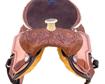 Selle De Barrel Racing Enfant En Cuir Naturel – Taille 10 à 18 – Fabriquée Main – Lot Complet