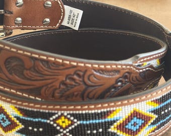 Western Beaded Full Grain Leather Cowboy Cowgirl Tooled Belt  display picture 1