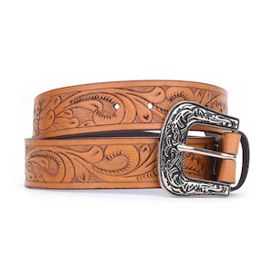 Handmade Tooled Leather Western Belt: Full Grain Embossed Cowboy Cowgirl Belt
