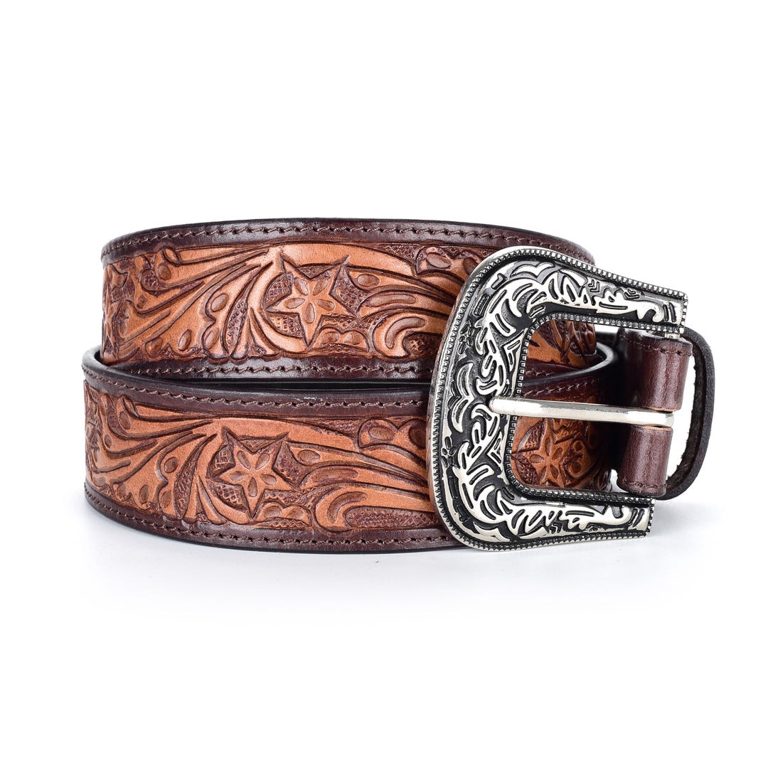 Hand Tooled Leather Western Belt: Floral Embossed Cowboy  display picture 3