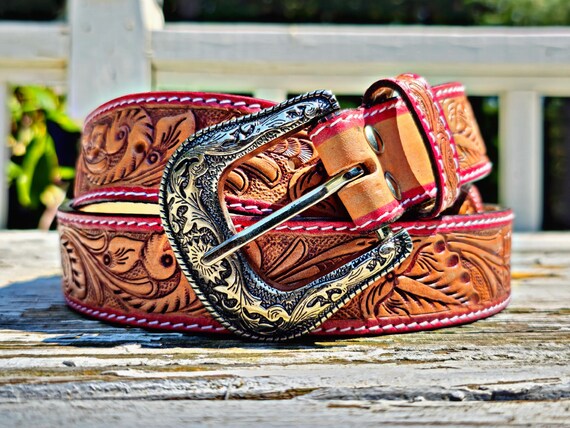 CTM Leather Western Embossed Belt With Removable Buckle – 1 3/8" Wide, Size 40, Red - View #8