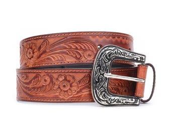 VTG CHIC Western Brown Tooled Leather Silver Accent Buckle Belt 31L vintage VOGT buckle belt TOOLED tapered 26 cowhide leather  main image 4