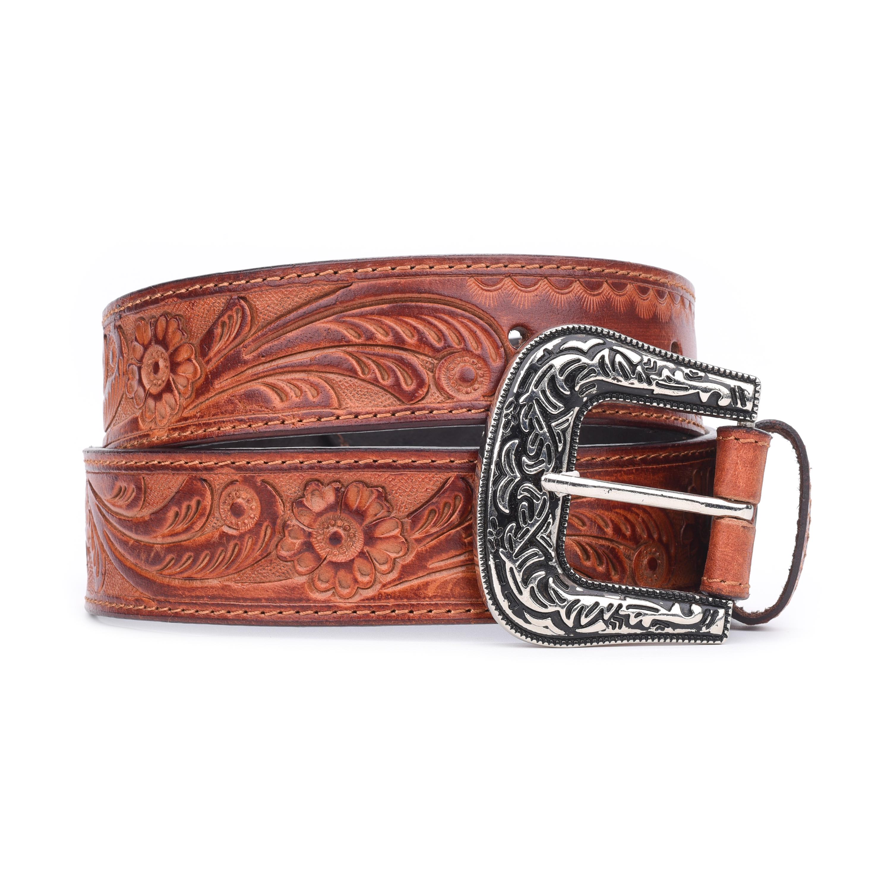 Genuine Top Grain Leather Belt Size 42 Ornate Metal Buckle Brown Silver USA Made Tooled Brown Leather Belt - Oval Buckle main image 2