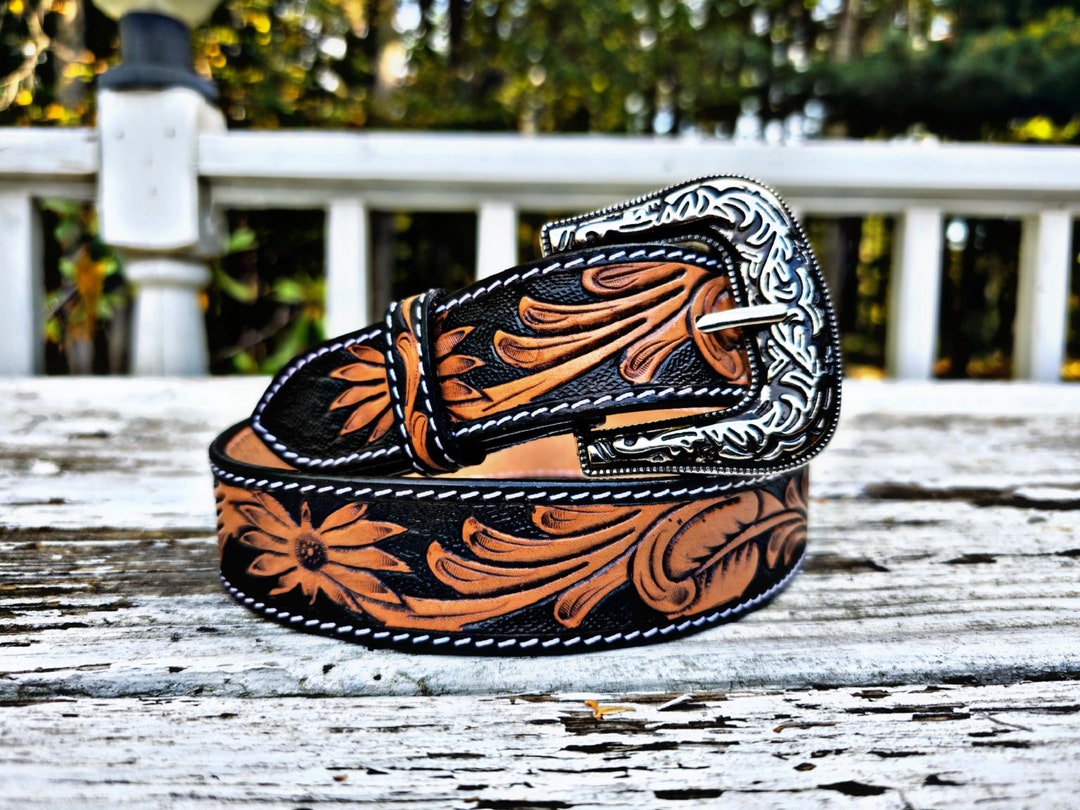 Floral Tooled Leather Western Belt: Argentinian Full Grain ...