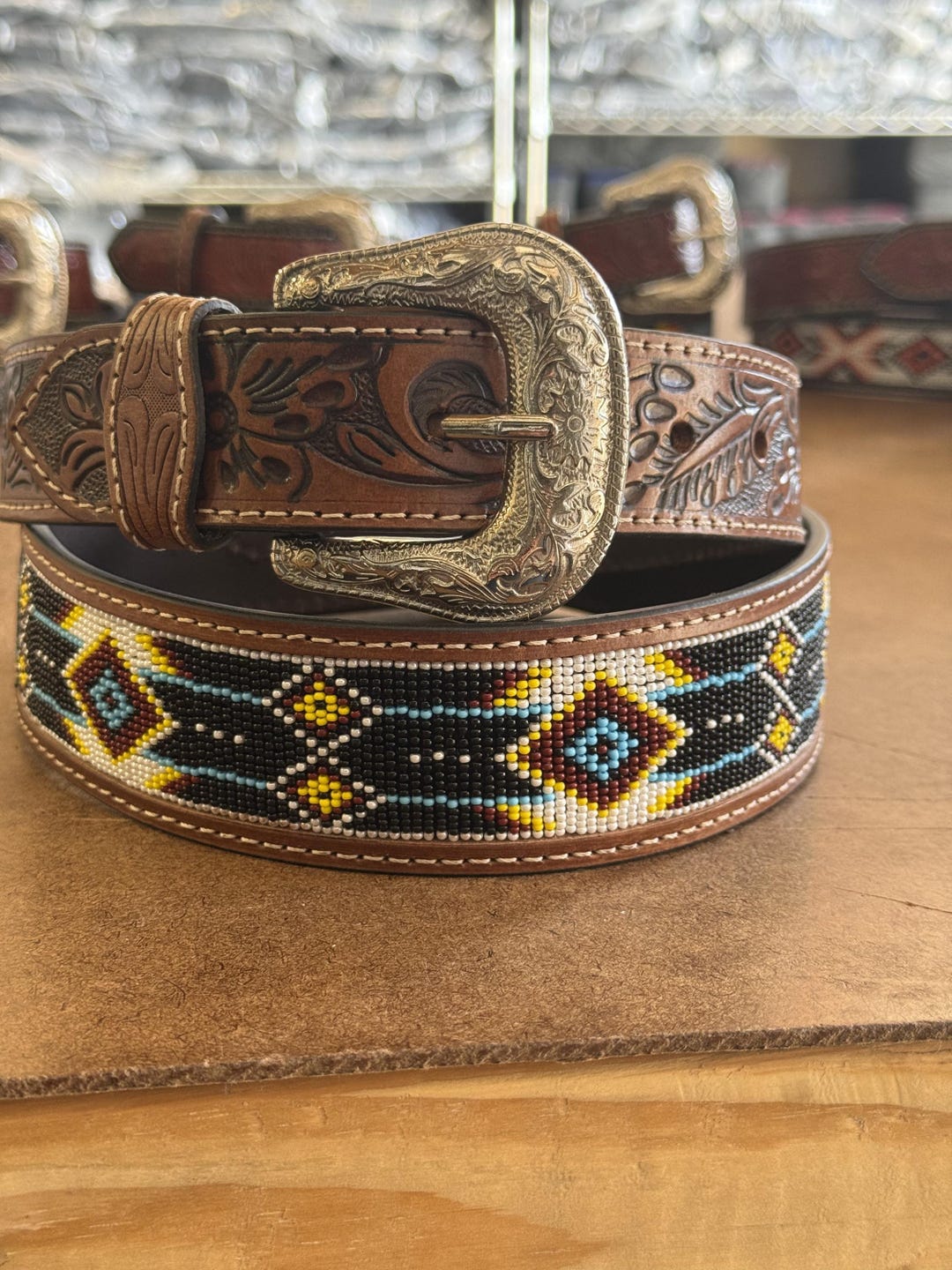 Western Beaded Full Grain Leather Cowboy Cowgirl Tooled Belt for