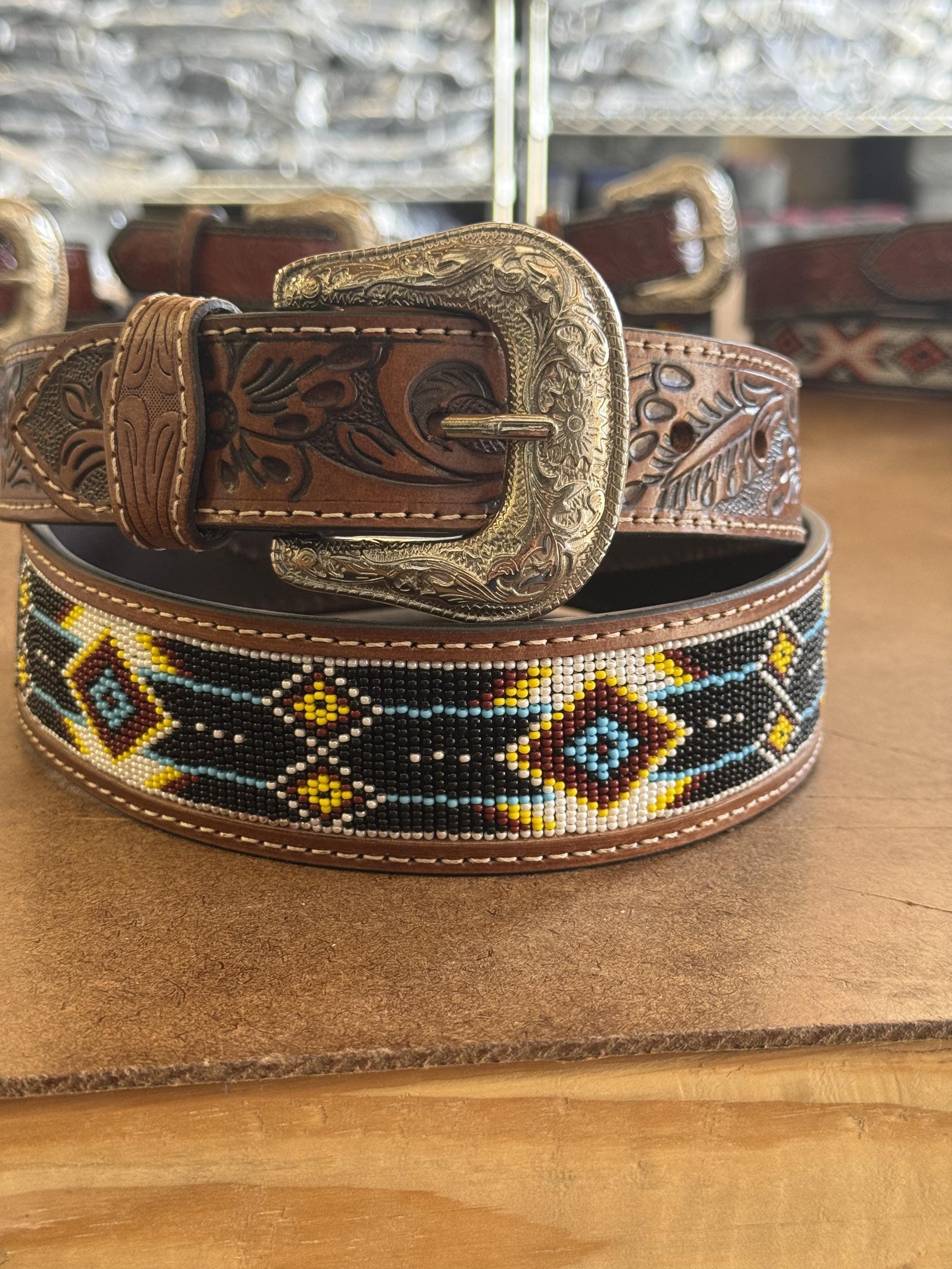 Bohemian Southwestern Tooled Tooled Belt with Copper Tone Patina Leather Belt Two Toned Tooled Leather Belt – Country Hippie Apparel main image 3