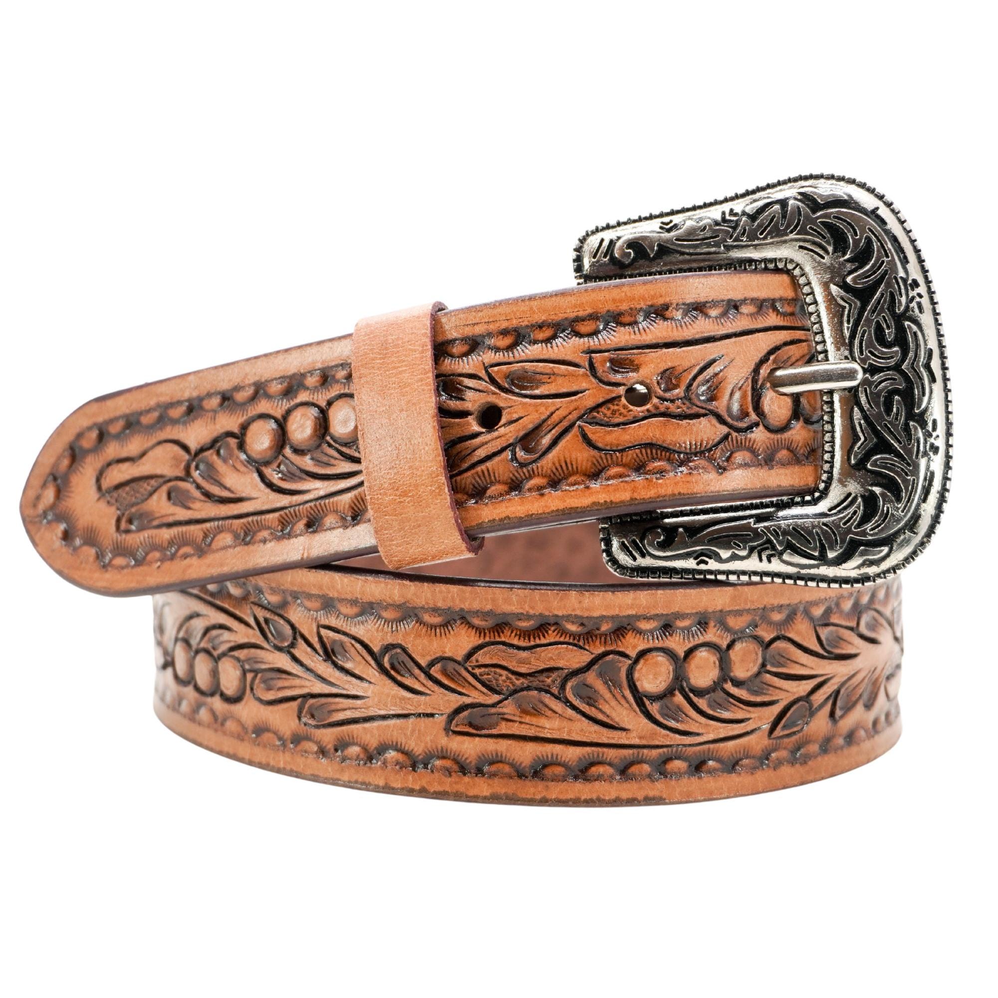 Wright Brand Hand-Tooled Floral Design Western Belt SARAH Sz 24 STRAP ONLY Personalized Hand Tooled Leather Western Belt: Custom Floral  main image 2