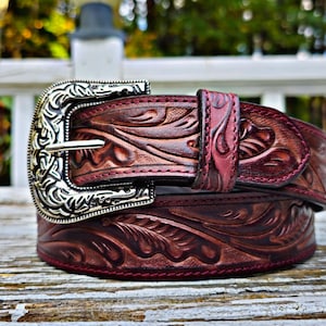 Hand-Tooled Full Grain Leather Western Belt: Embossed Unisex Design
