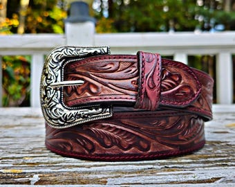 9989 Western Belt Tooled Hand Finished Leather For Men And Women SIZE 44, BROWN TOP GRAIN LEATHER HAND TOOLED WESTERN BELT  main image 4