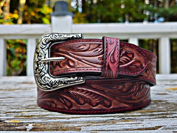 Hand-tooled Full Grain Leather Western Belt: Embossed Unisex  display picture 3