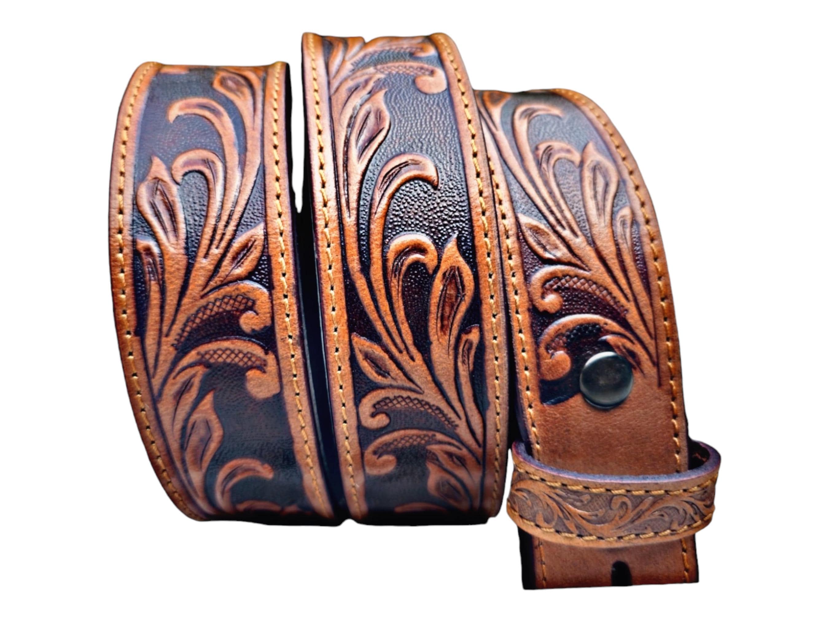 Tooled Embossed Brown Leather Western Belt - 1.5" Wide, Genuine Cowhide, Antique Nickel Buckle