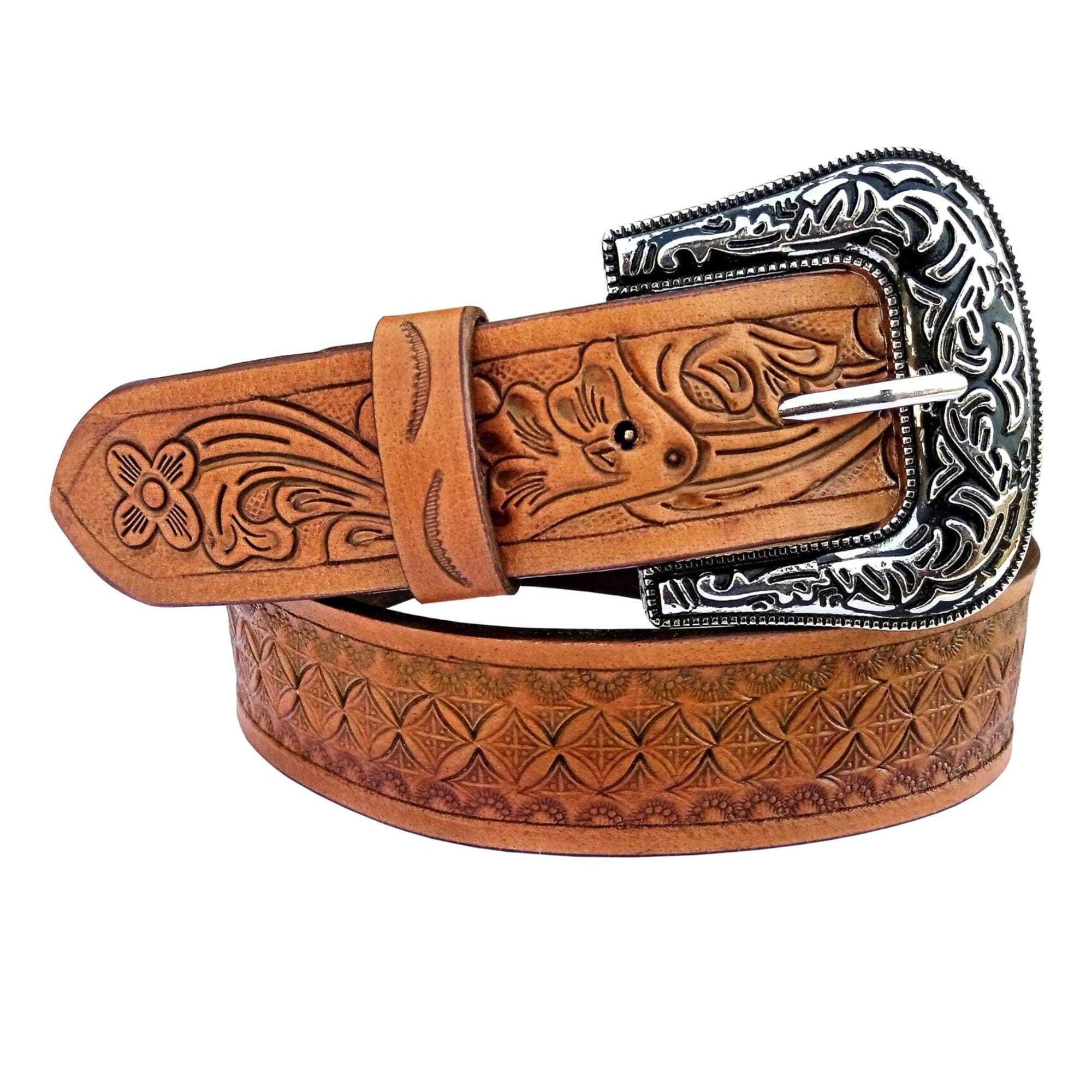 Tooled Leather Western Belt: Floral Embossed Cowboy Cowgirl 