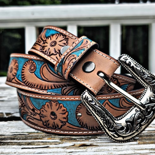Hand Tooled Leather Western Belt: Embossed Full Grain, 1.5  display picture 3