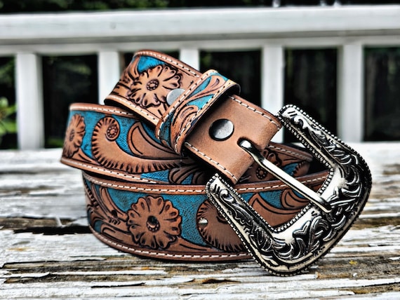 Hand Tooled Leather Western Belt: Embossed Full Grain, 1.5  display picture 2