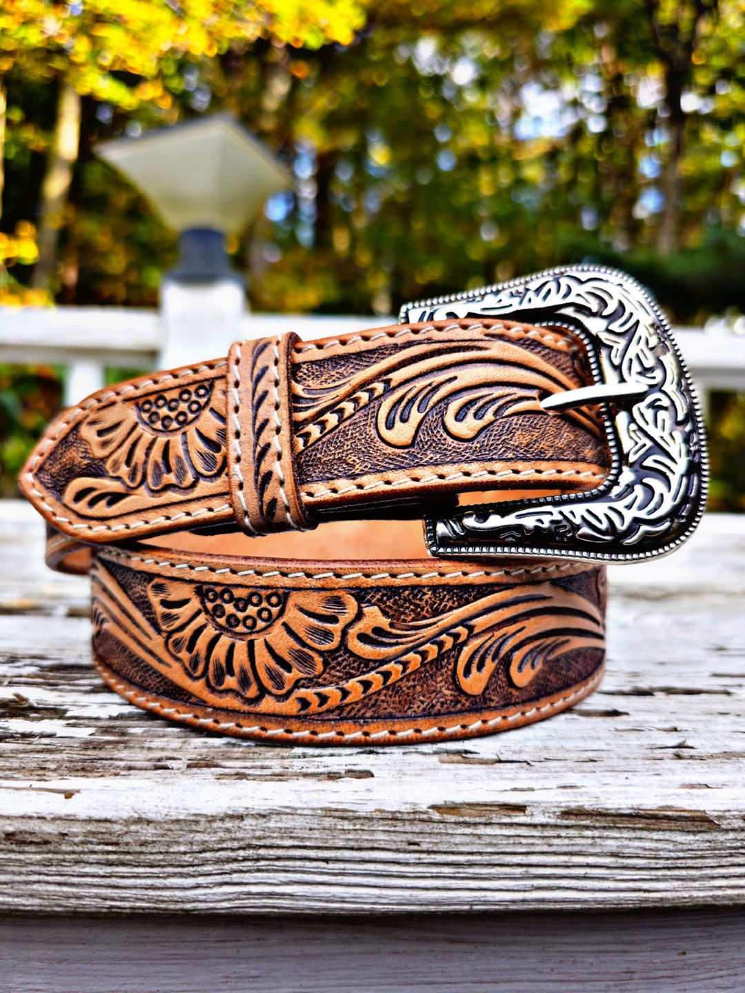Handmade Tooled Leather Western Belt: Floral Embossed  display picture 3