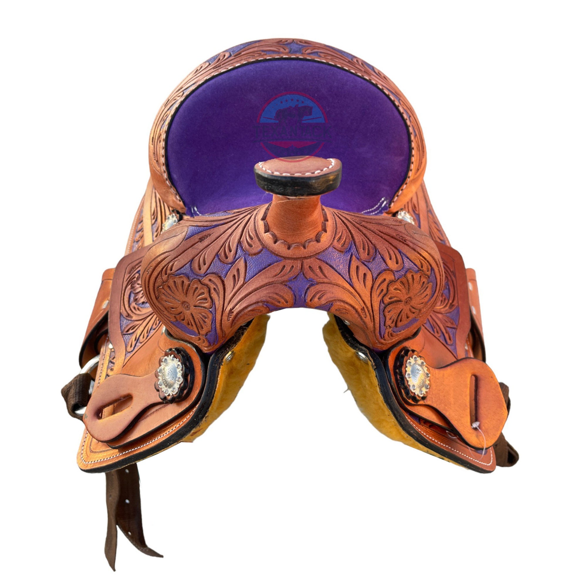 Selle Western Jeune Poney 8 Pouces - Cuir Noir - Floral Outillé - Barrel Racing - Ridex