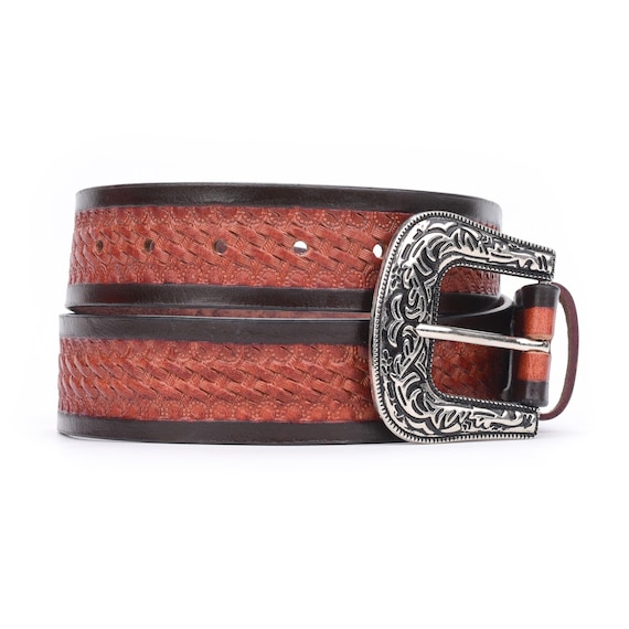 Handmade Tooled Leather Western Belt: Full Grain Embossed  display picture 2