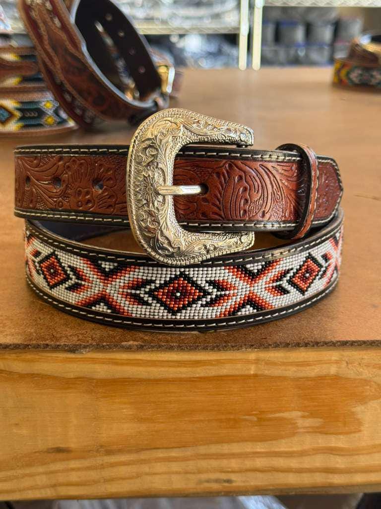Western Beaded Full Grain Leather Cowboy Cowgirl Tooled Belt  display picture 1
