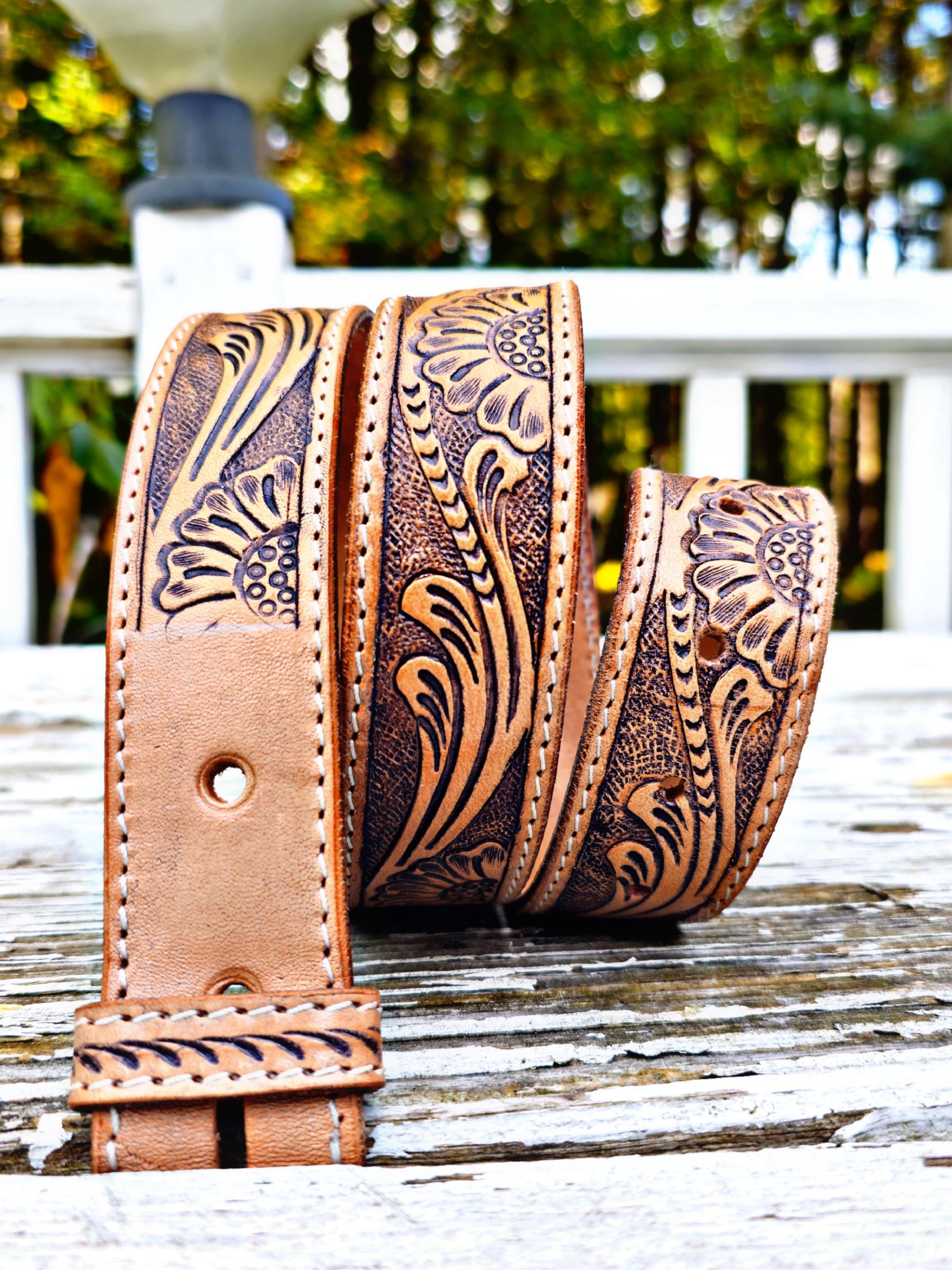 Handmade Tooled Leather Western Belt: Floral Embossed  display picture 1