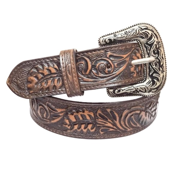 Handmade Tooled Leather Western Belt: Full Grain Floral  display picture 1