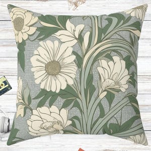 Green Victorian Flowers Pillow, Botanical Home Decor - Spun Polyester Square Cushion, Floral Throw Pillow, Vintage Floral Pillow, Decorative