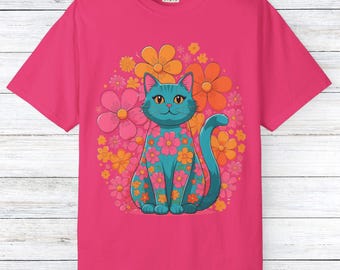 Camiseta con flores de gatito, camiseta hippie de los años 60, camiseta unisex para amantes de los gatos, camiseta con estampado de gato, camiseta de mamá gata, top floral de gato