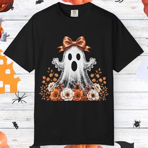 Halloween Lace Ghost T-Shirt, Spooky Coquette Tee, Garment-Dyed Shirt, Girly Orange Bow Top, Lacey Ghost Tee, Spooky Season, gift for her