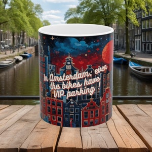 A mural of Amsterdam with celestial themes, in bright red and ethereal midnight blue colors. Ceramic Mug, 11oz