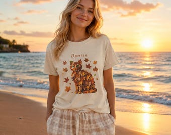 Herbstlaub-Katzen-T-Shirt, Katze aus Herbstblättern, einzigartiges Geschenk für Katzenliebhaber, gemütliches Herbst-Shirt mit Grafik, Herbstgeschenk für Katzenmamas